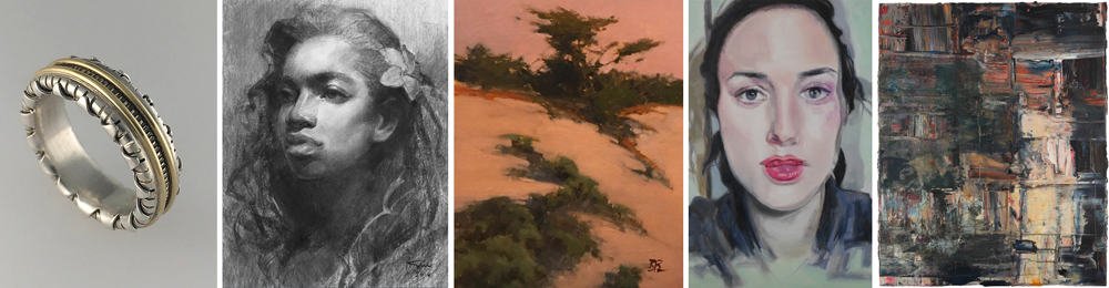 Left to right: "Groovy Texture," by David Casella, 18K yellow gold, silver; "Tendai," by Oliver Sin, vine charcoal on paper; "Dunes at Sunset," by Brian Blood, oil on board; "Inside a Dream," by Kristen Brown, oil on panel; "Foggy Summer SF," by Carolyn Meyer, oil on canvas