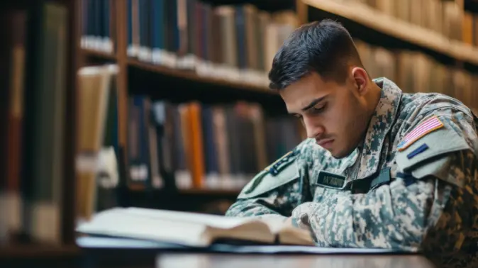 Military student studying in library