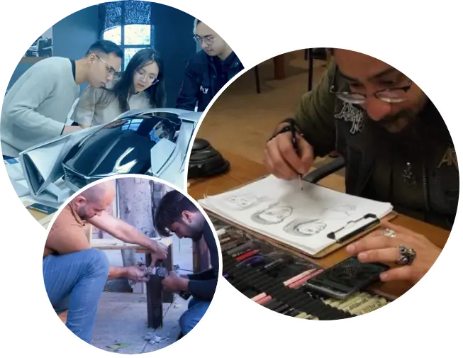 Collage of images of students working on various projects