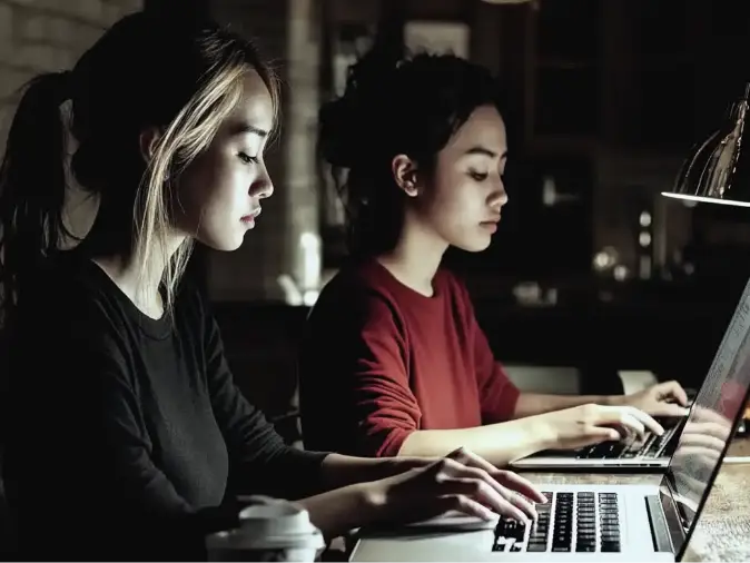 Girls working on computers in a dark room