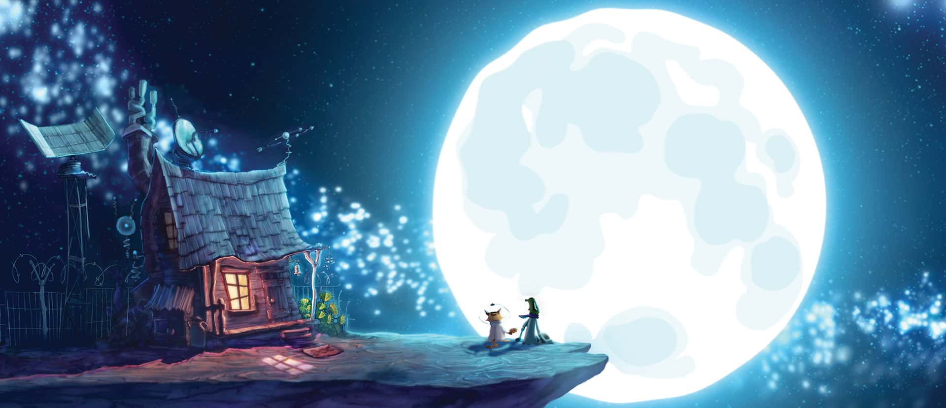 A small house with antennas emits light, sitting on a cliff. Two figures in spacesuits stand at the edge, gazing at a large, glowing moon against a starry sky.